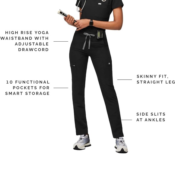 Figs Pants - FIGS YOLA High Waisted Skinny Scrub Pants for Women - Black, Petite Small